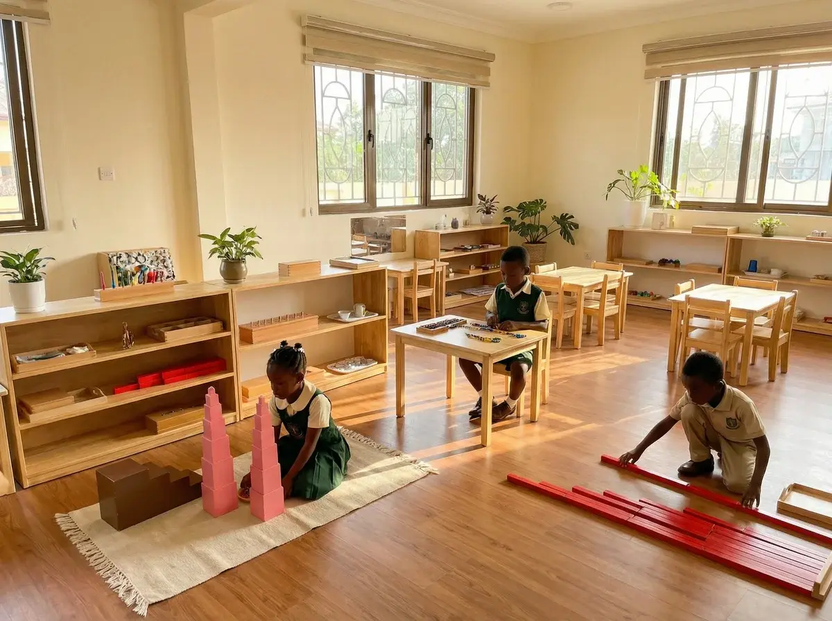 Montessori classroom with students at various learning stations
